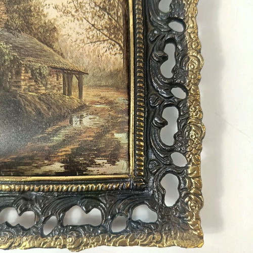 Vintage wall art silk screen on fabric with embossed bronze frame