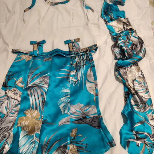 Skirt and blouse set with sarong, triacetate fabric
