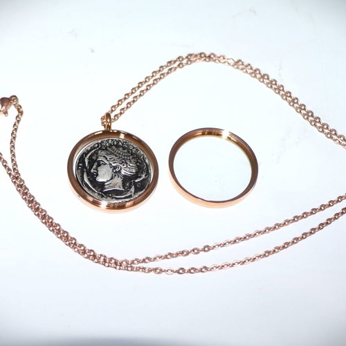 Ancient silver-plated coin pendant - replica - Arethusa, glass case necklace pendant 22K gold-plated