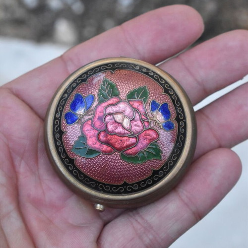 Vintage Cloisonné Metal Pillbox used with Rose and Butterflies