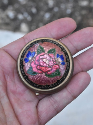 Vintage Cloisonné Metal Pillbox used with Rose and Butterflies