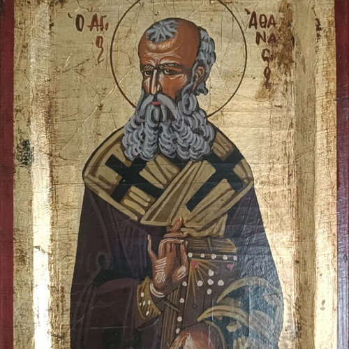 Saint Athanasios icon used with gold leaf, Byzantine style