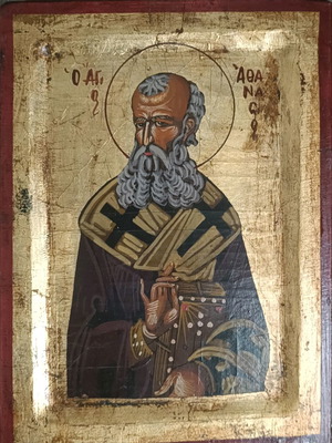 Εικόνα Άγιος Αθανάσιος μεταχειρισμένη με φύλλο χρυσού, βυζαντινή τεχνοτροπία