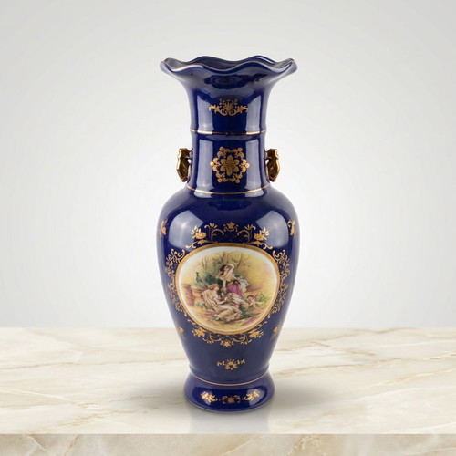 Large German Porcelain Floor Vase Cobalt Blue with Gold Decoration and Romantic Scene