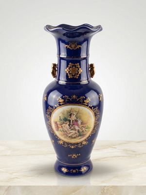Large German Porcelain Floor Vase Cobalt Blue with Gold Decoration and Romantic Scene