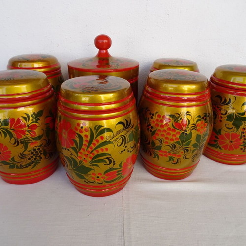 Khokhloma jars used, set of 7, wooden, handmade, USSR vintage