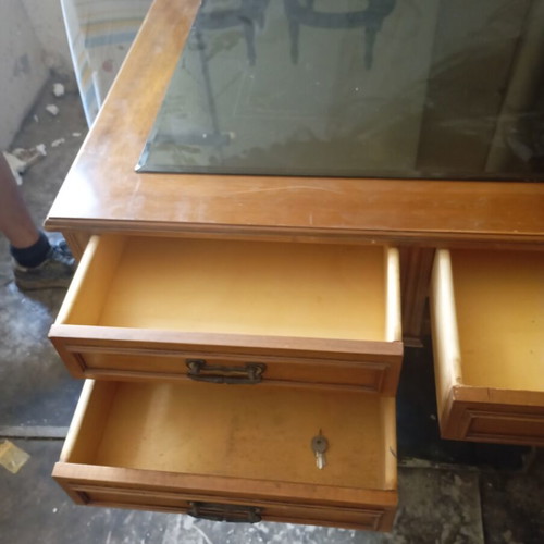 Wooden desk vintage with glass top and 5 drawers