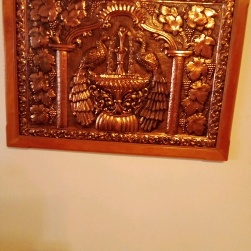 Vintage brass wall relief in wooden frame like new
