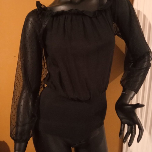Tezenis bodysuit blouse with transparent mesh sleeves size S new black