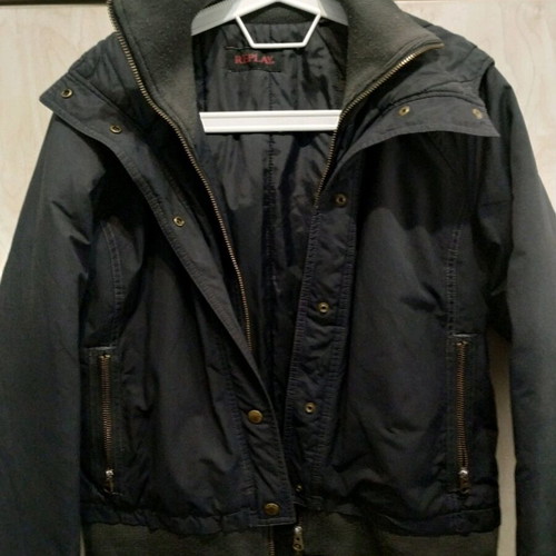 Replay bomber jacket with hood like new, size M-L, navy blue
