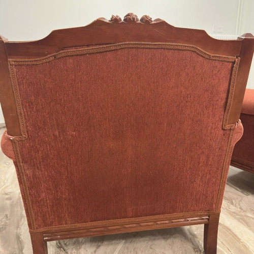 Classic armchairs set of 2 used, wooden frame, terracotta upholstery