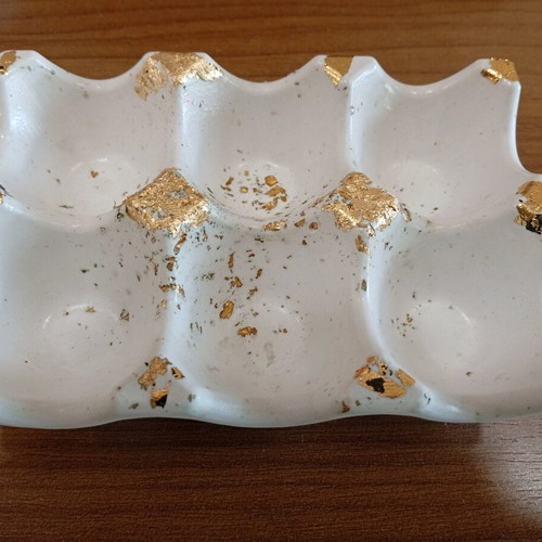 Handmade porcelain egg holder with gold leaf decoration, new