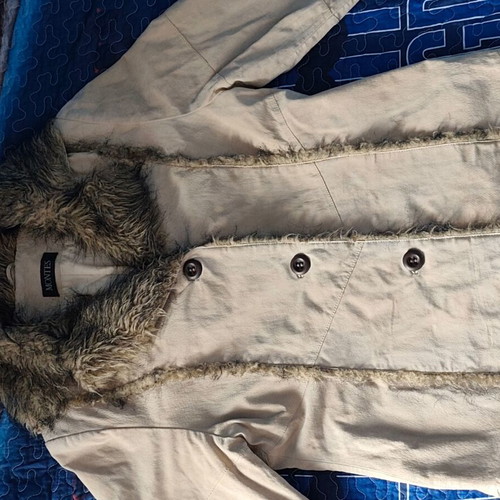 Castor coat like new with fur details, beige, sizes L and XL