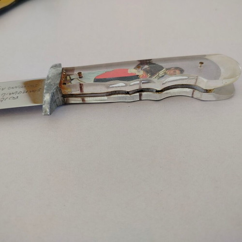 Traditional Cretan decorative souvenir knife with engraved mantinada on blade