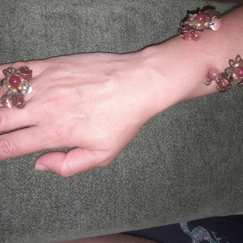 Copper bracelet and ring set like new with pink and green stones