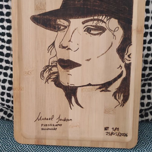 Michael Jackson pyrography on bamboo wood like new