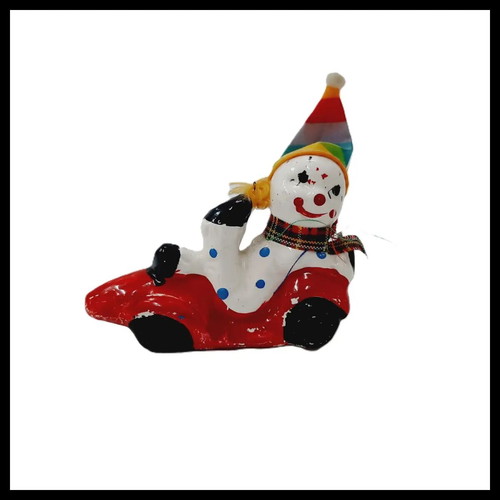 Vintage ceramic clown figurine in cart used, handpainted