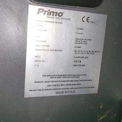 Primo ld 468a gas heater used with gas bottle
