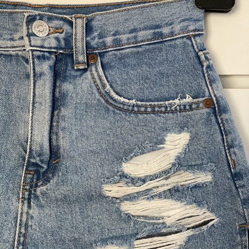 Pull & Bear ripped high waisted blue denim shorts
