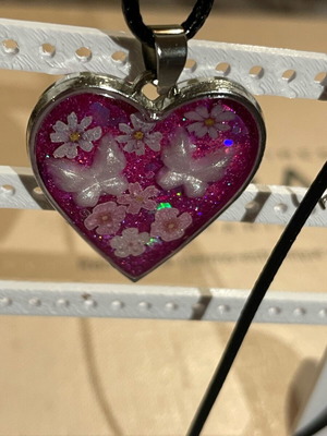 Heart pendant handmade from resin with flowers and butterflies, new
