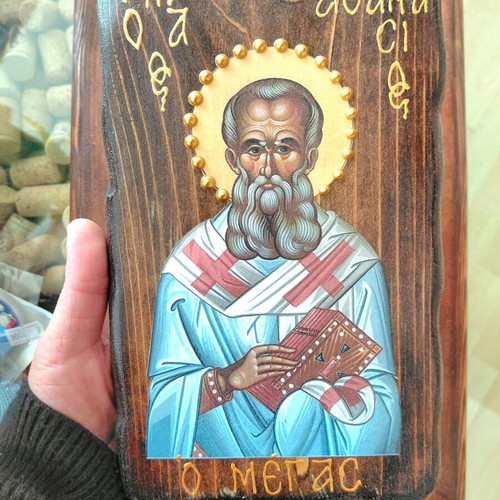 Saint Athanasios on solid fir wood new 24×15 cm