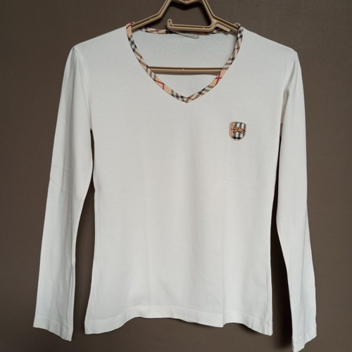 White women's long-sleeve blouse with classic checkered trim, like new