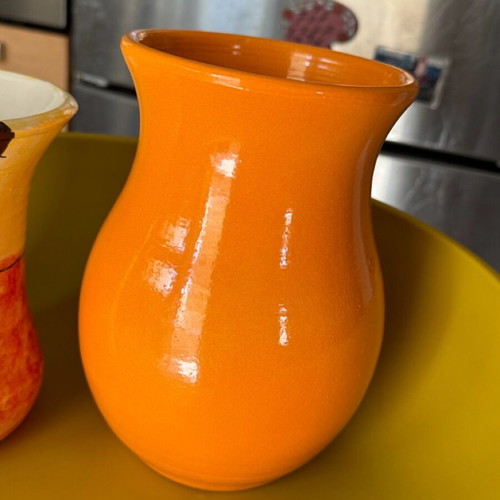 Orange vase 29 cm like new with 3 small matching candle holders gift