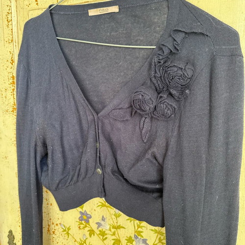 RED Valentino navy cropped cardigan used with knitted flowers on shoulder
