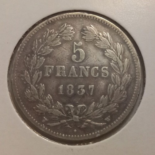 Silver coin 5 Francs 1837 used, 25gr silver 900/1000