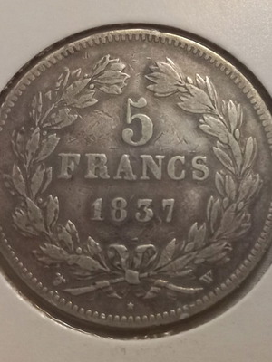 Silver coin 5 Francs 1837 used, 25gr silver 900/1000
