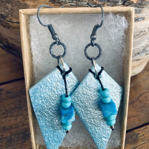 Handmade earrings with leather, new, black and turquoise