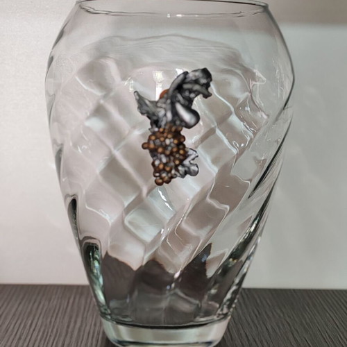 Crystal glass vase with metal grape and vine applique