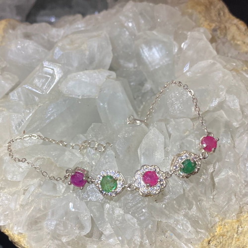 Handmade silver bracelet with natural emerald, ruby and moissanite