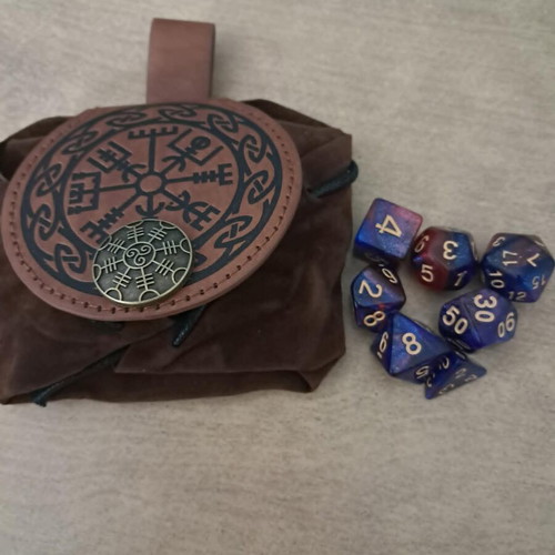 Runic leather dice bag with pink and purple D&D dice set
