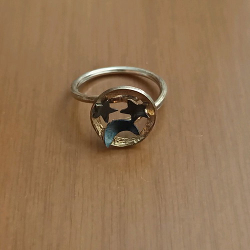 Handmade 925 silver ring with yellow gold plating and moon and stars design