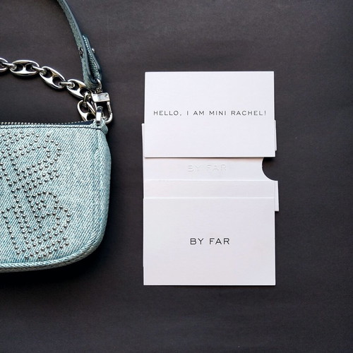 By Far Rachel Mini Bag New Denim Print with BF Logo Studs
