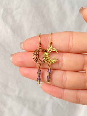 Earrings with moon and gold-plated hooks, new, multicolored
