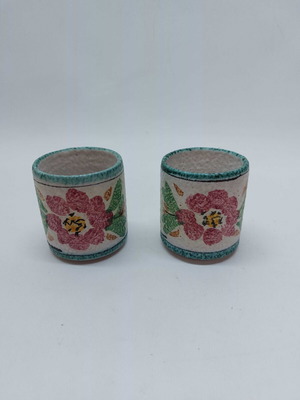 Set of 2 vintage handmade decorative clay cups used, painted Chania