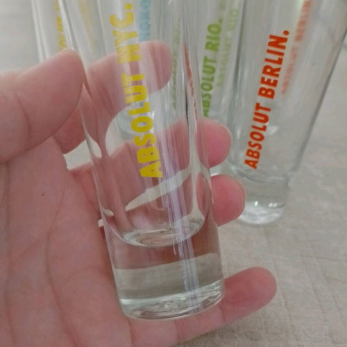 Collectible Absolut shot glasses with city names, like new