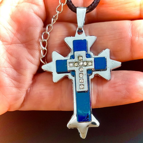Blue cross pendant with crystals, steel