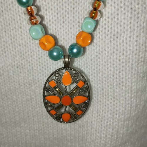 Handmade orange and green color long necklace and earrings set