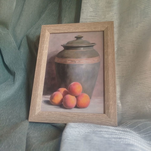 Still Life Vase with Peaches Impressionist Kitchen Art 13x18