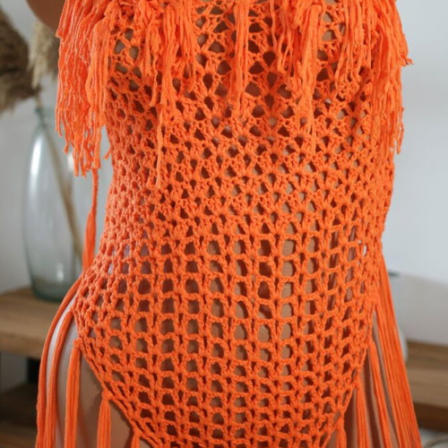 Beachwear one-piece orange new with braided pattern and tassels