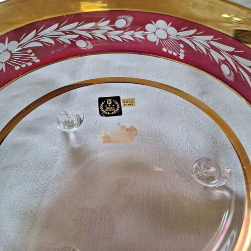 Ruby Color Crystal Bowl with 24K Gold Like New
