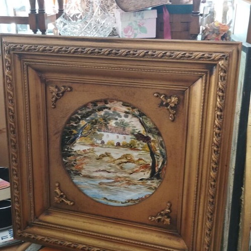 Painted Bavarian porcelain plate with gilded frame like new
