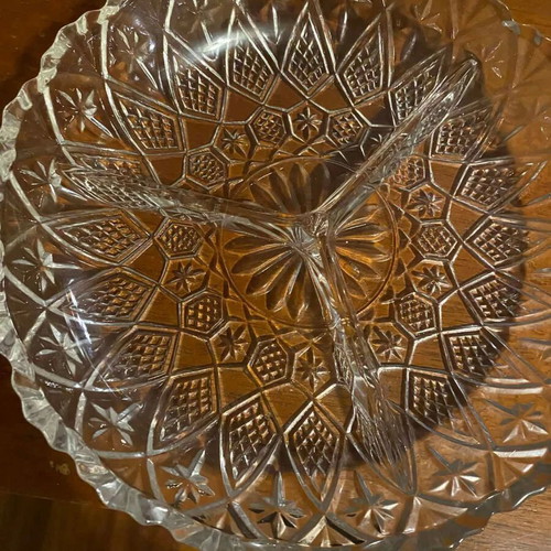 Crystal serving plate with three compartments, like new, vintage 1970s-80s