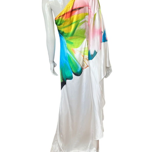 Sunfere One-Shoulder Butterfly-Print Maxi Gown new, size M