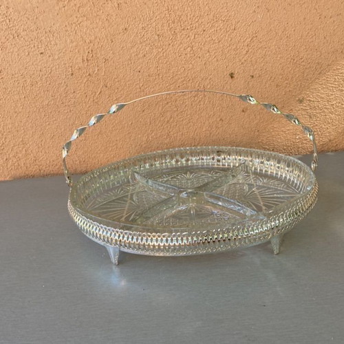 English serving tray for nuts and olives like new, crystal with silver frame