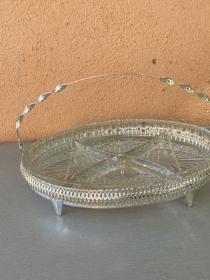 English serving tray for nuts and olives like new, crystal with silver frame