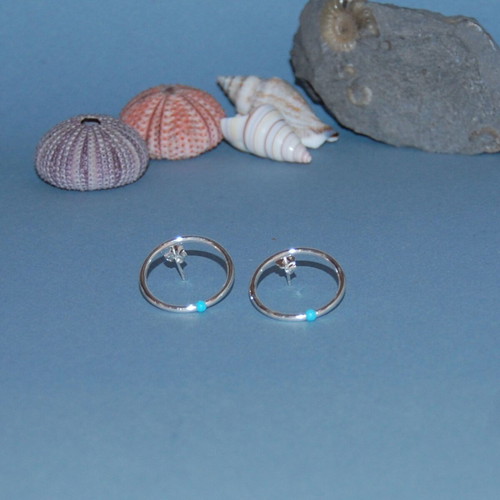 Silver earrings hoops with turquoise and coral stones, new